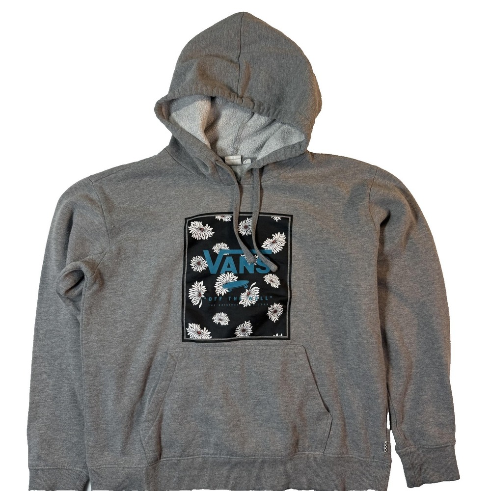 Vans Hoodie Mens Small Gray Floral Box Logo Pullover Sweatshirt Skateboarding